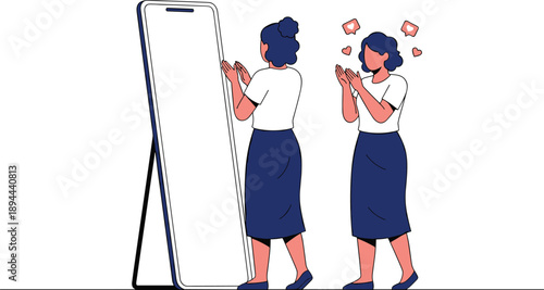 Cartoon-style illustration of a person clapping at their smartphone reflection surrounded by hearts, symbolizing self-love, affirmation, and digital identity
