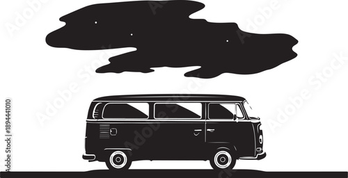 Black silhouette of a vintage van and clouds overhead