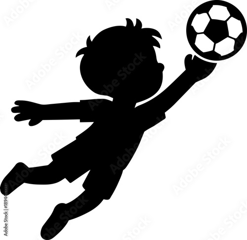 Silhouette of boy jumping to catch soccer ball, showcasing excitement and athleticism