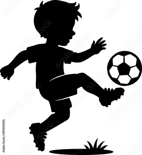 Playful silhouette of young boy kicking soccer ball, showcasing energy and enthusiasm for sport