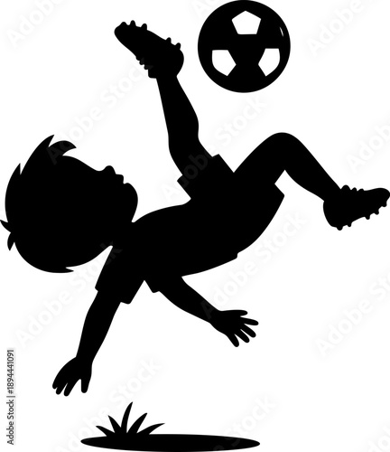 Playful boy performs soccer trick, showcasing his skills with ball in mid air, evoking joy and energy