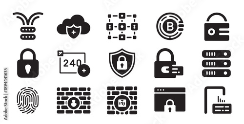 Cyber security and blockchain technology vector icon set, data protection and digital assets