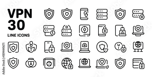 Collection of thirty vpn related line icons on white background