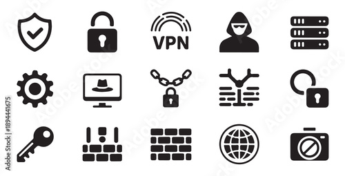 Fifteen filled vpn and security icons, online privacy and network protection