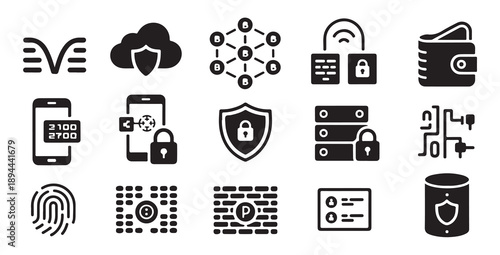 Cyber security and blockchain technology vector icon set, data protection and digital assets