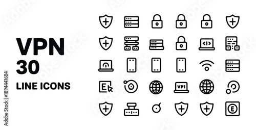 Set of thirty modern vpn icons illustrating digital security and network services