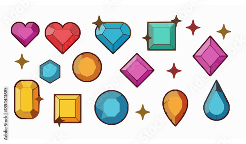 SEO-Friendly Title
Cute colorful jewel vector collection with sparkling gemstones in flat cartoon style