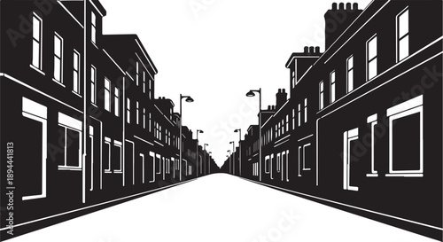 Black and white illustration of a quiet city street