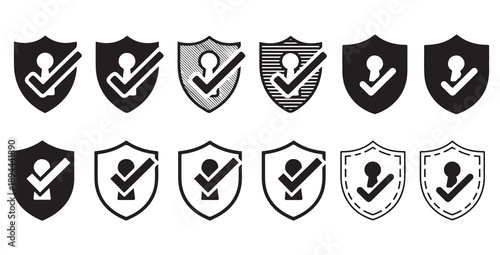 Security shield with check mark and keyhole icon set in different styles for safety design