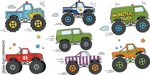 Cartoon-style monster trucks in motion with colorful designs, exaggerated wheels, and playful speed effects, perfect for children’s entertainment, toys, and automotive themes.