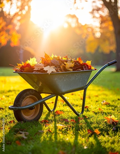 Wheelbarrow full of colorful autumn leaves in a sunny garden.