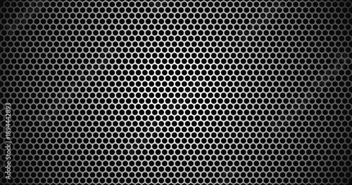 Industrial silver chrome hexagon mesh pattern on dark metal surface for high tech automotive engineering backdrop