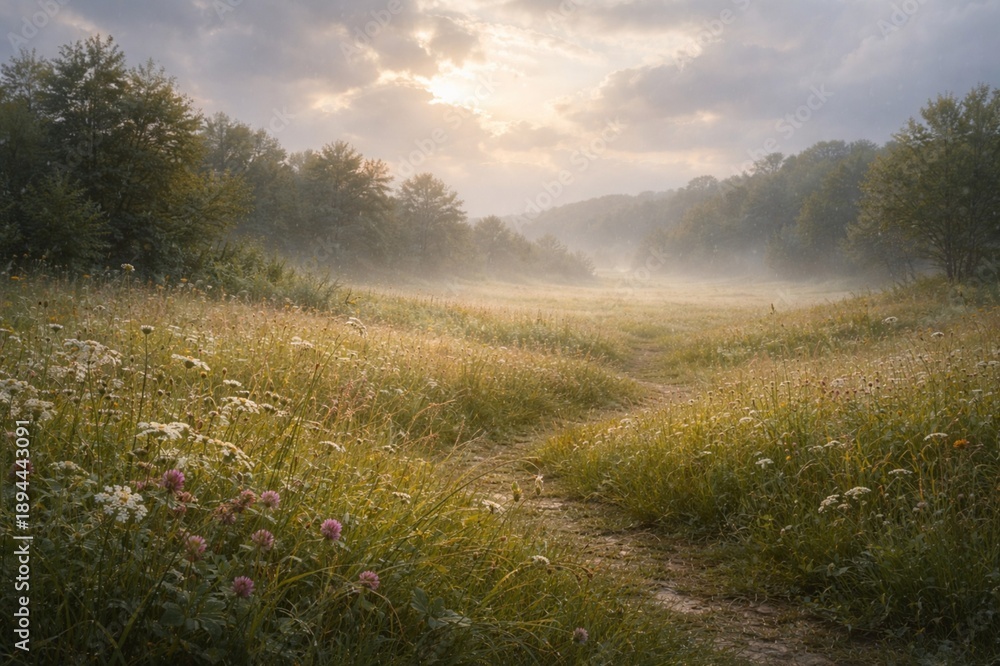 Obraz premium Soft sunrise over misty meadow path