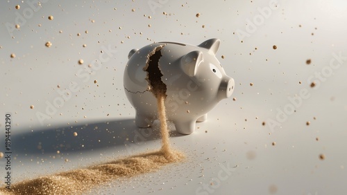 Cracked Piggy Bank Leaking Sand, Symbolizing Financial Loss and Time Passing Minimalist Style