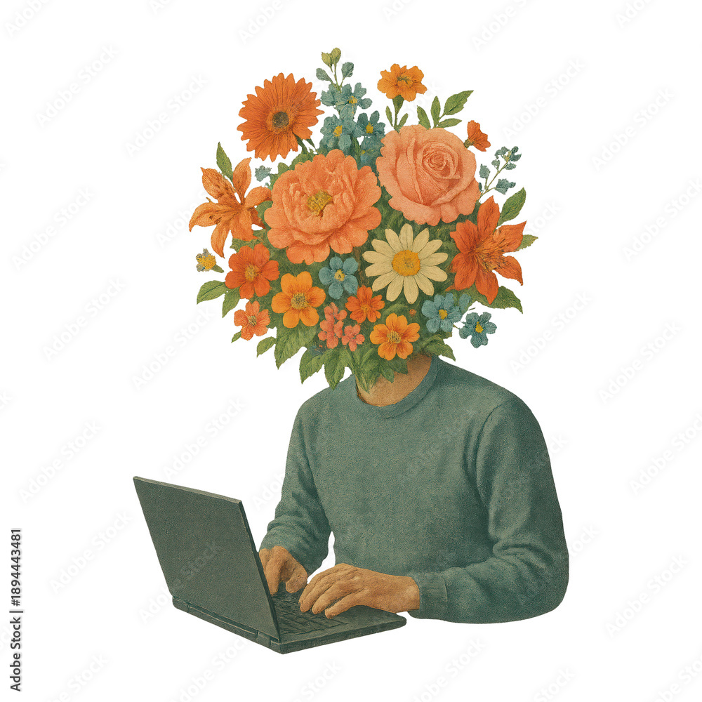 Fototapeta premium PNG Surreal floral-headed person illustration.
