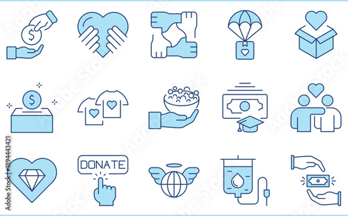 A set of flat icons related to Donation. Donate, give, charity, help, education, food, clothes, money, empathy, and so on.