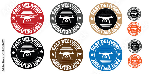 Fast Delivery Drone Stamp Icon Set – Circular Shipping Badges in Multiple Colors