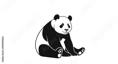 A black and white illustration of a giant panda sitting down, facing forward with a calm expression.