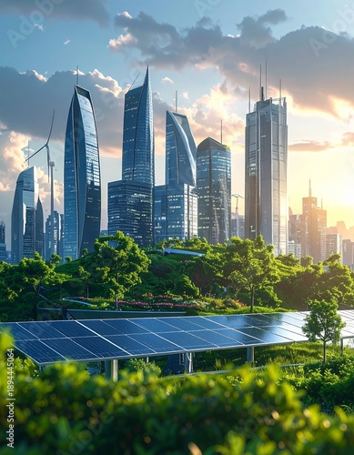 Futuristic Cityscape with Solar Panels and Green Spaces at Sunset.