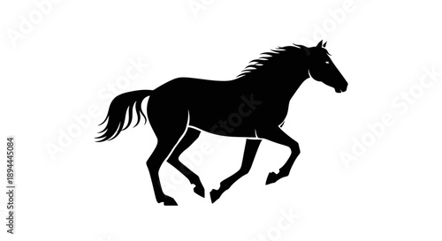 A dynamic black silhouette of a majestic horse galloping with its mane and tail flowing, isolated on a clean white background.