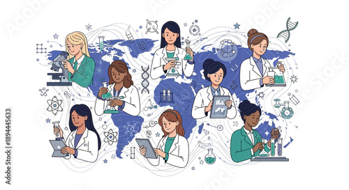 Diverse group of scientists and medical professionals from around the world working together on International Women's in Science Day.