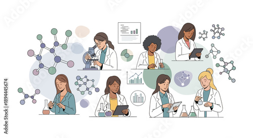 Diverse group of women in lab coats working with medical and science equipment on International Women in Science Day.