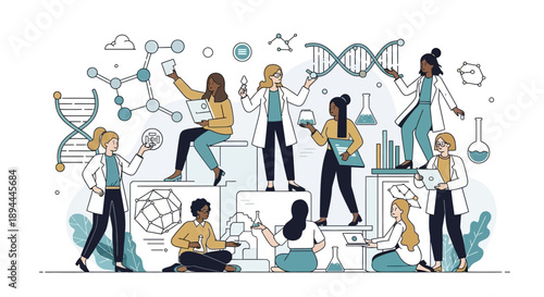 Illustration of diverse people in lab coats representing International Women in Science Day with medical icons and scientific symbols.