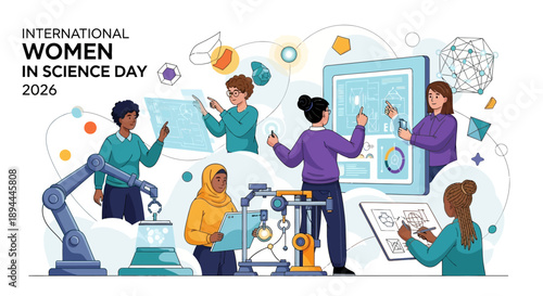 Illustration of diverse people, including women, working in a science lab with medical icons and equipment on International Women in Science Day.