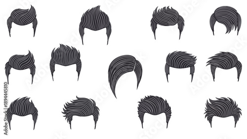 Collection of diverse hairstyle illustrations showcasing various styles and textures in a grid layout from a front viewpoint