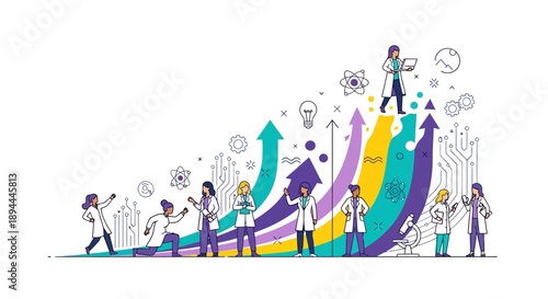 Illustrations of diverse medical professionals and icons representing International Women in Science Day in a colorful, upward trending graph.