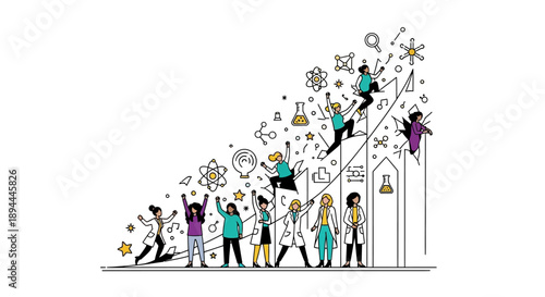 Illustrations of diverse people in science and medical icons on International Women in Science Day, celebrating health and America.