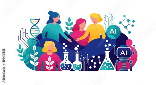 Vector illustrations of people in science, including doctors and nurses, celebrating International Women's Day in America.