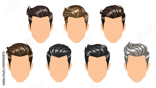 Collection of male hairstyles illustrated in various colors and styles arranged in a grid pattern from a front viewpoint