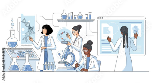Illustration of diverse women in lab coats working in a laboratory setting with medical icons and equipment on International Women in Science Day.
