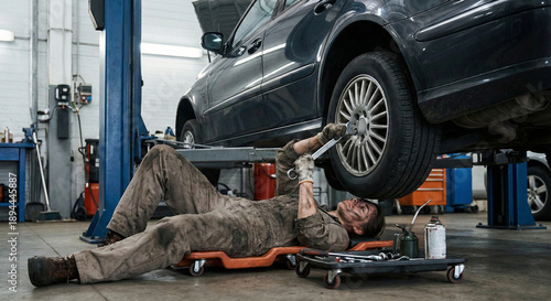 Mujer mecánica trabajando debajo de un coche en un taller reparando una rueda con una llave.