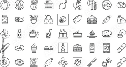 Large collection of minimalist food and snack line icons featuring fruits vegetables desserts and packaged goods isolated on grey background
