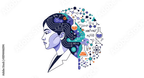 A vector illustration of a woman's head with a medical and scientific theme for International Women in Science Day, featuring icons and symbols related to health and medicine.