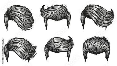 Collection of various hairstyles illustrated in black and white from different viewpoints and styles