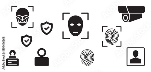 Biometric security and facial recognition icons for digital protection and personal identification