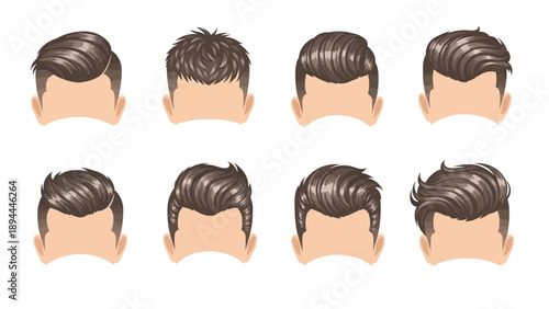 Collection of male hairstyles illustration showcasing various styles and designs from a rear viewpoint