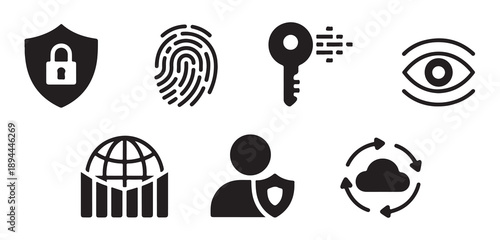 Digital security and data protection icons including biometric identification and cyber safety