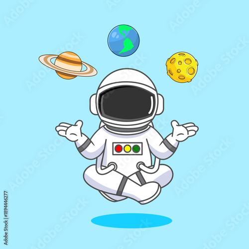 Astronaut Meditating and Juggling Planets in Space Vector Illustration Cartoon Design