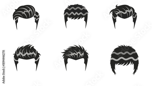 Collection of various hairstyle illustrations showcasing different styles and designs from a top-view perspective