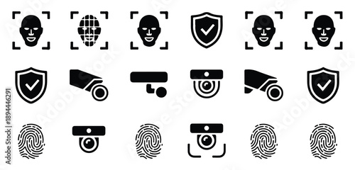 Biometric identification security system and surveillance cameras icon set. access control technology