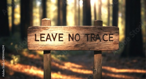 Peaceful Forest Scene: Wooden 'Leave No Trace' Signboard with Sunlight Streaming Through Tall Trees, Serene Environment.