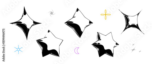 Black y2k stars abstract shapes in 3d inflated style. Grunge balloon icon set for poster, banner, collage, flyer, streetwear, party print. Techno star design element collection. Vector urban bundle
