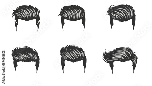 Illustrations of different hairstyles on a clean white background from various viewpoints showcasing diverse hair textures
