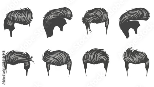 Collection of hairstyle illustrations showcasing various hair movements and styles from different angles in a graphic design