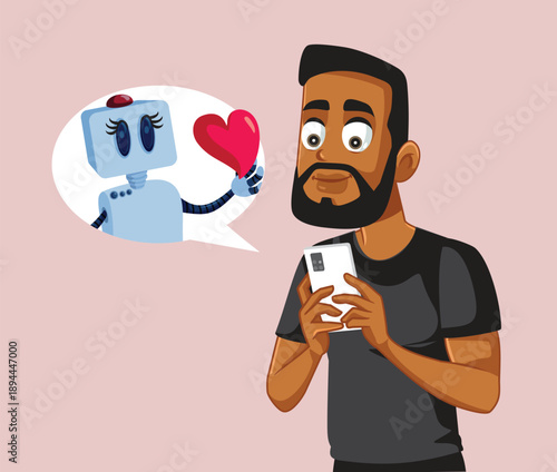 Man in Love with Ai Chat Bot Vector Illustration . Guy bonding with an artificial intelligence persona. 
