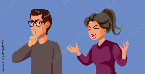 Husband Making Silence Gesture to Nagging Wife Vector Cartoon. A boyfriend shushing his complaining and frustrated yelling girlfriend  